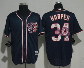 Men's Washington Nationals #34 Bryce Harper Navy Blue Team Logo Ornamented Stitched MLB Majestic Cool Base Jersey