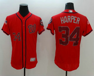 Men's Washington Nationals #34 Bryce Harper Red Fashion Stars & Stripes 2016 Flexbase MLB Independence Day Jersey