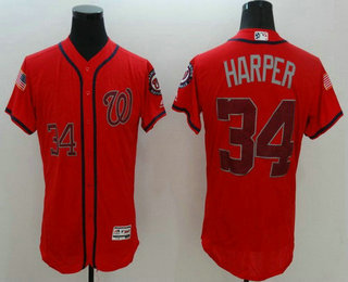 Men's Washington Nationals #34 Bryce Harper Red Fashion Stars & Stripes 2016 Flexbase Majestic Jersey