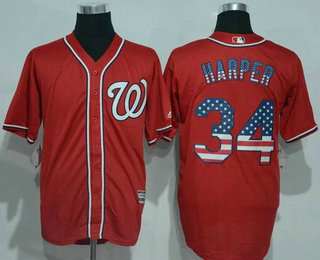 Men's Washington Nationals #34 Bryce Harper Red USA Flag Fashion MLB Baseball Jersey