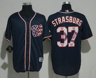 Men's Washington Nationals #37 Stephen Strasburg Navy Blue Team Logo Ornamented Stitched MLB Majestic Cool Base Jersey