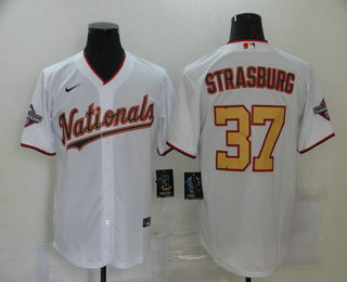 Men's Washington Nationals #37 Stephen Strasburg White Gold 2019 World Series Champions Stitched MLB Cool Base Nike Jersey