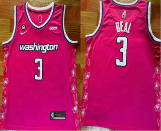 Men's Washington Wizards #3 Bradley Beal 2022 Pink City Edition With 6 Patch Stitched Jersey With Sponsor