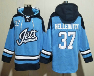 Men's Winnipeg Jets #37 Connor Hellebuyck Blue Ageless Must Have Lace Up Pullover Hoodie