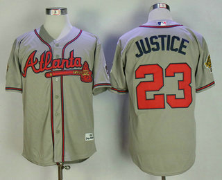 Mens Atlanta Braves #23 David Justice Gray Road Throwback 1995 World Series With 30th Patch Stitched MLB Mitchell & Ness Jersey