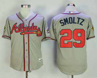 Mens Atlanta Braves #29 John Smoltz Gray Road Throwback 1995 World Series with 30th Patch Stitched MLB Mitchell & Ness Jersey