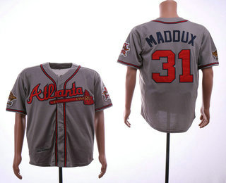 Mens Atlanta Braves #31 Greg Maddux Gray Road Throwback 1995 World Series With 30th Patch Stitched MLB Mitchell & Ness Jersey