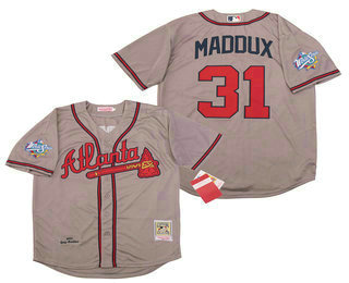 Mens Atlanta Braves #31 Greg Maddux Gray Road Throwback 1999 World Series Stitched MLB Mitchell & Ness Jersey