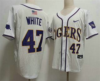 Mens LSU Tigers #47 Tommy White 2024 White Baseball Stitched Jersey