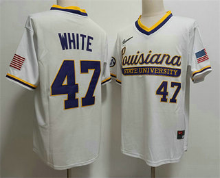 Mens LSU Tigers #47 Tommy White 2024 White Pullover Baseball Stitched Jersey