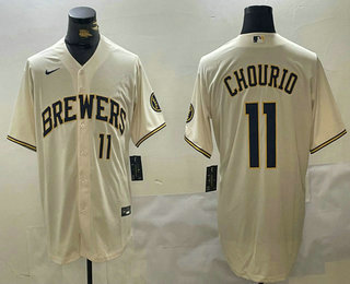 Milwaukee Brewers #11 Jackson Chourio Number Cream Stitched Cool Base Nike Jersey