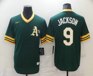 Oakland Athletics #9 Reggie Jackson Green Pullover Throwback Cooperstown Collection Stitched MLB Nike Jersey