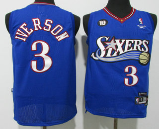 Philadelphia 76ers #3 Allen Iverson Blue 10TH Hardwood Classics Soul Swingman Reebok Jersey