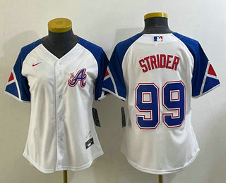 Women's Atlanta Braves #99 Spencer Strider White 2023 City Connect Cool Base Stitched Jersey 01