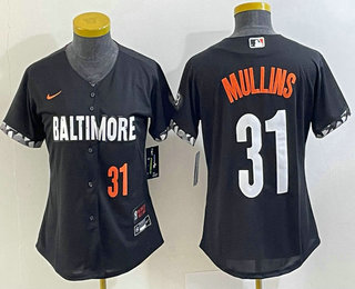 Women's Baltimore Orioles #31 Cedric Mullins Number Black 2023 City Connect Cool Base Stitched Jersey 02