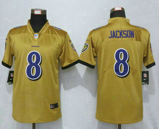 Women's Baltimore Ravens #8 Lamar Jackson Gold 2019 Inverted Legend Stitched NFL Nike Limited Jersey