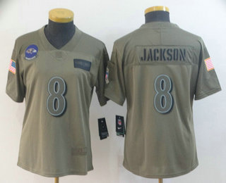 Women's Baltimore Ravens #8 Lamar Jackson NEW Olive 2019 Salute To Service Stitched NFL Nike Limited Jersey