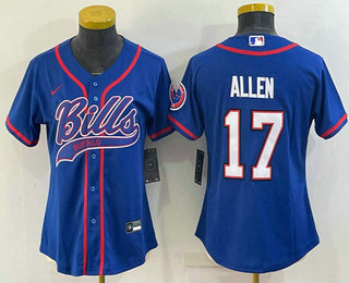 Women's Buffalo Bills #17 Josh Allen Blue With Patch Cool Base Stitched Baseball Jersey