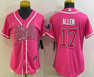 Women's Buffalo Bills #17 Josh Allen Pink With Patch Cool Base Stitched Baseball Jersey