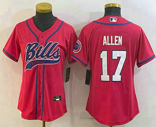 Women's Buffalo Bills #17 Josh Allen Red Stitched Cool Base Nike Baseball Jersey