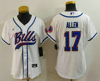 Women's Buffalo Bills #17 Josh Allen White With Patch Cool Base Stitched Baseball Jersey