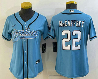 Women's Carolina Panthers #22 Christian McCaffrey Blue With Patch Cool Base Stitched Baseball Jersey