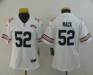 Women's Chicago Bear #52 Khalil Mack White 2019 100th seasons Patch Vapor Untouchable Stitched NFL Nike Alternate Classic Limited Jersey