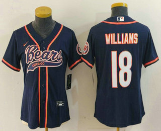 Women's Chicago Bears #18 Caleb Williams Navy With Patch Cool Base Stitched Baseball Jersey