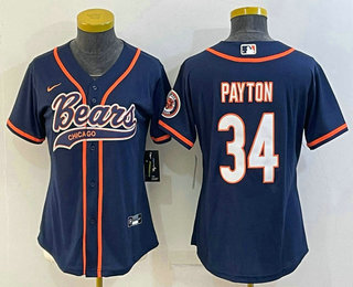 Women's Chicago Bears #34 Walter Payton Navy With Patch Cool Base Stitched Baseball Jersey