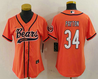 Women's Chicago Bears #34 Walter Payton Orange With Patch Cool Base Stitched Baseball Jersey