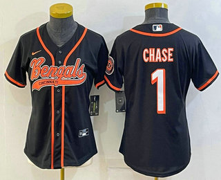 Women's Cincinnati Bengals #1 Ja'Marr Chase Black With Patch Cool Base Stitched Baseball Jersey