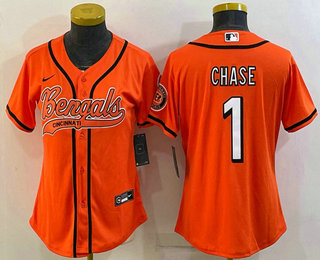 Women's Cincinnati Bengals #1 Ja'Marr Chase Orange With Patch Cool Base Stitched Baseball Jersey