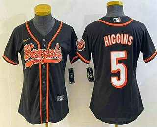 Women's Cincinnati Bengals #5 Tee Higgins Black With Patch Cool Base Stitched Baseball Jersey