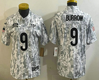 Women's Cincinnati Bengals #9 Joe Burrow Arctic Camo 2024 FUSE Salute to Service Limited Stitched Jersey