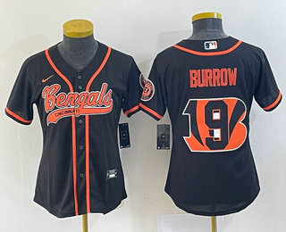 Women's Cincinnati Bengals #9 Joe Burrow Black Team Big Logo With Patch Cool Base Stitched Baseball Jersey