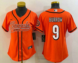 Women's Cincinnati Bengals #9 Joe Burrow Orange With Patch Cool Base Stitched Baseball Jersey