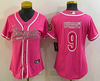 Women's Cincinnati Bengals #9 Joe Burrow Pink With Patch Cool Base Stitched Baseball Jersey