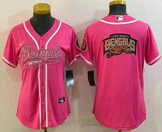 Women's Cincinnati Bengals Pink Team Big Logo With Patch Cool Base Stitched Baseball Jersey