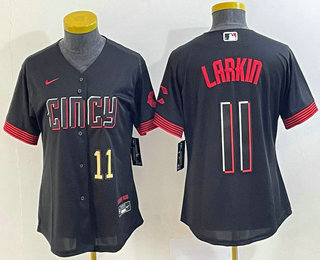 Women's Cincinnati Reds #11 Barry Larkin Number Black 2023 City Connect Cool Base Stitched Jersey 03