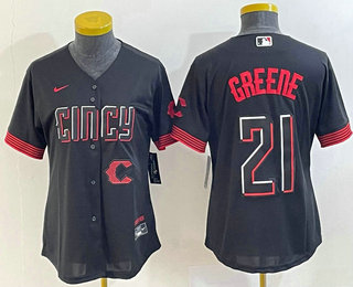 Women's Cincinnati Reds #21 Hunter Greene Black 2023 City Connect Cool Base Stitched Jersey 02