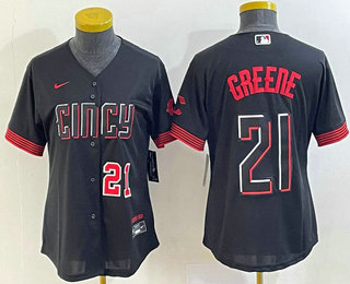 Women's Cincinnati Reds #21 Hunter Greene Number Black 2023 City Connect Cool Base Stitched Jersey 01