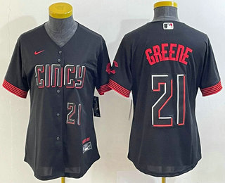 Women's Cincinnati Reds #21 Hunter Greene Number Black 2023 City Connect Cool Base Stitched Jersey 03