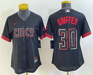 Women's Cincinnati Reds #30 Ken Griffey Jr Black 2023 City Connect Cool Base Stitched Jersey 01