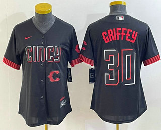 Women's Cincinnati Reds #30 Ken Griffey Jr Black 2023 City Connect Cool Base Stitched Jersey 02