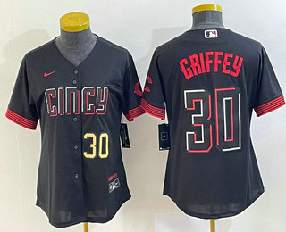 Women's Cincinnati Reds #30 Ken Griffey Jr Number Black 2023 City Connect Cool Base Stitched Jersey 02