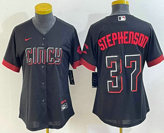 Women's Cincinnati Reds #37 Tyler Stephenson Black 2023 City Connect Cool Base Stitched Jersey 01