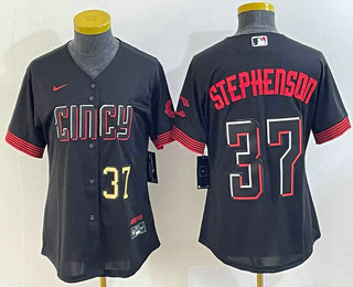 Women's Cincinnati Reds #37 Tyler Stephenson Number Black 2023 City Connect Cool Base Stitched Jersey 01