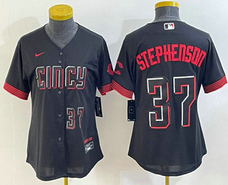 Women's Cincinnati Reds #37 Tyler Stephenson Number Black 2023 City Connect Cool Base Stitched Jersey 02