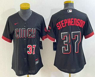 Women's Cincinnati Reds #37 Tyler Stephenson Number Black 2023 City Connect Cool Base Stitched Jersey 03