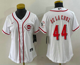 Women's Cincinnati Reds #44 Elly De La Cruz White With Patch Cool Base Stitched Jersey